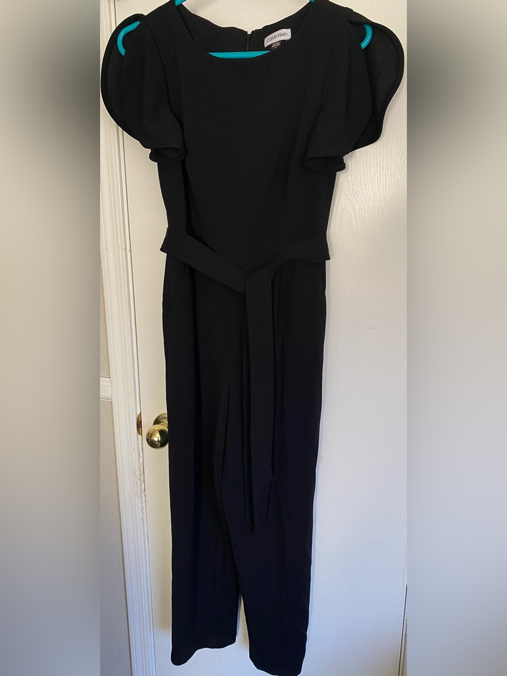 Calvin Klein Black Petal Sleeve Belted Jumpsuit Size 6 Wide Cropped Leg